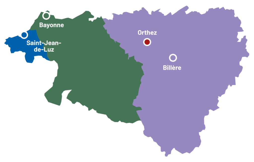 Carte des trois secteurs géographiques de l'OFFICE64 dans les Pyrénées-Atlantiques.
